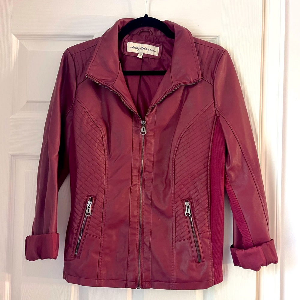 Dark Red Faux Leather Bomber Jacket. Sz Med.
